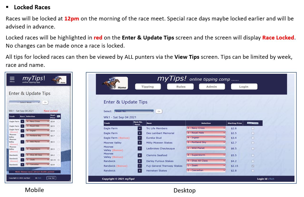 myTips Locked Races Entry Update Screen